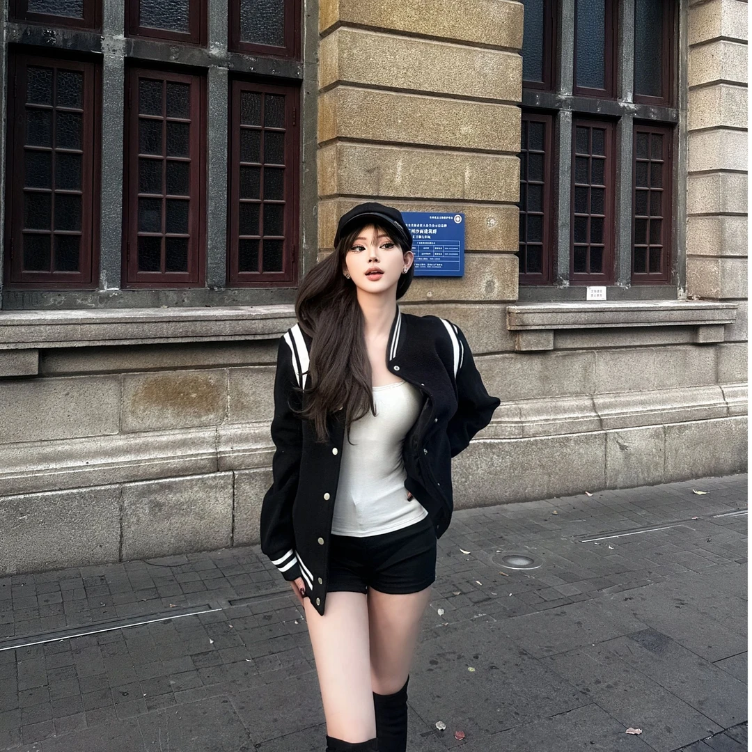 美式学院风撞色棒球服外套秋冬宽松情侣款棒球服女外套LW004