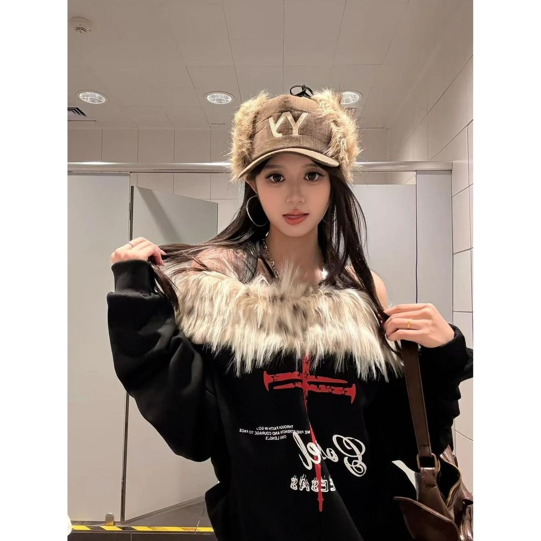 美式设计感毛毛领可拆卸斜肩卫衣长袖女秋冬新款加绒宽松辣妹上衣