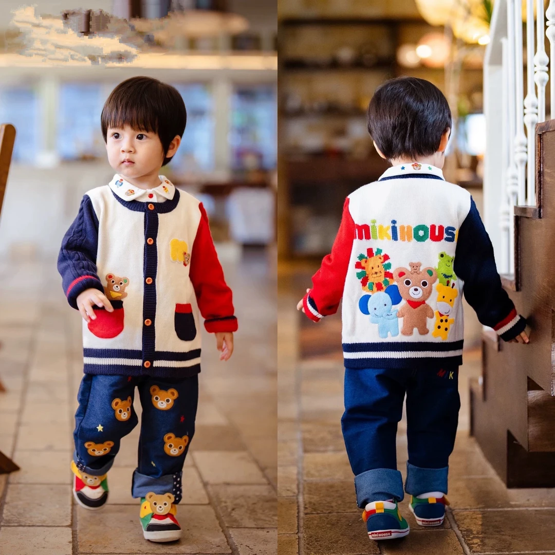 (现货)mk童装秋冬原单男女宝卡通好朋友刺绣毛衣 开衫针织衫外套