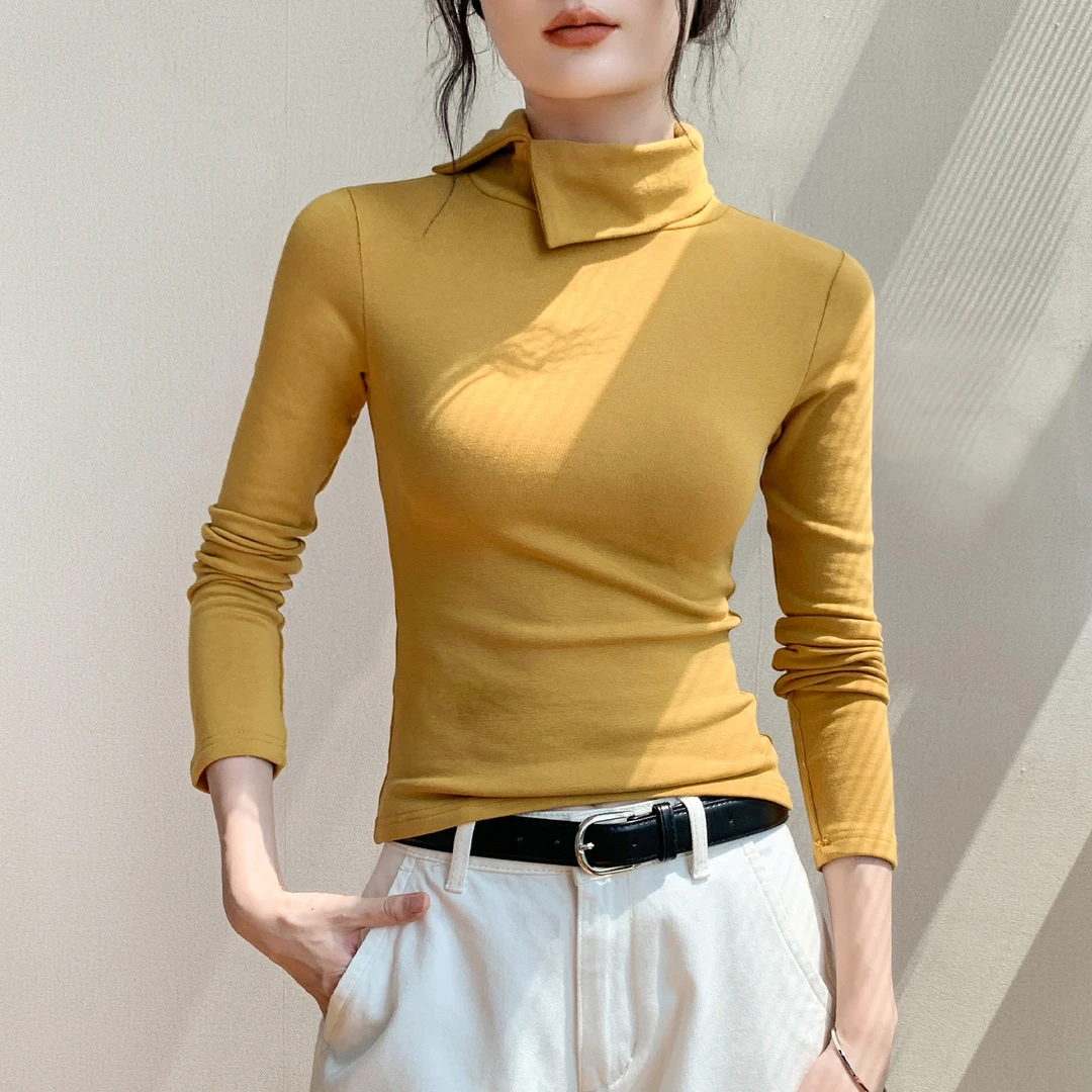 法式内磨毛翻领长袖T恤女纯色打底衫2025新款今年流行爆款上衣女