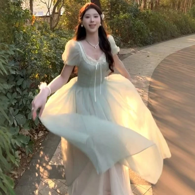 【糖糖】大码法式甜美风薄荷绿色晕染连衣裙海边度假少女长裙10936
