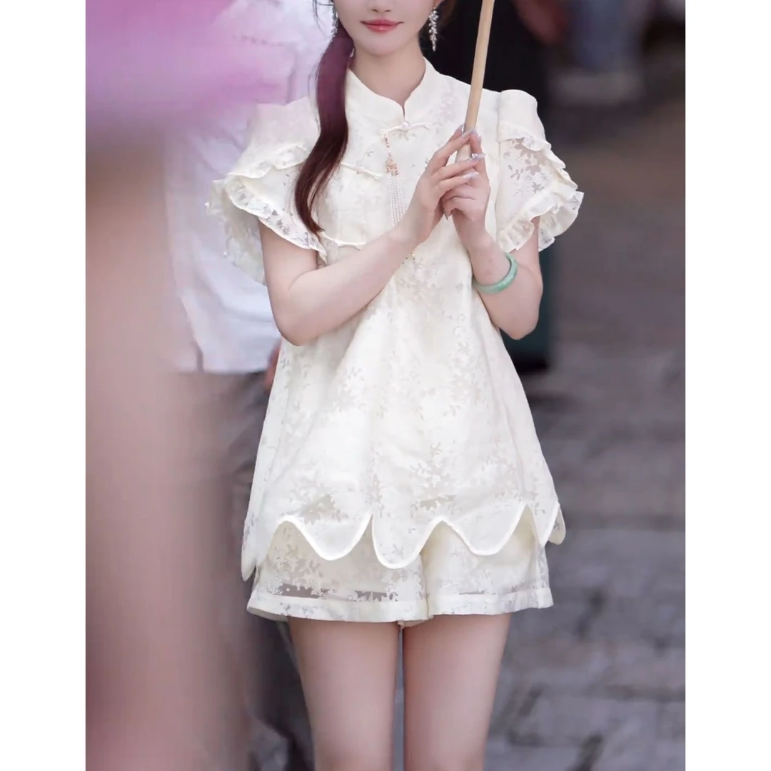 新中式盘扣上衣短裤套装女2025夏季新款国风气质甜美减龄两件套潮