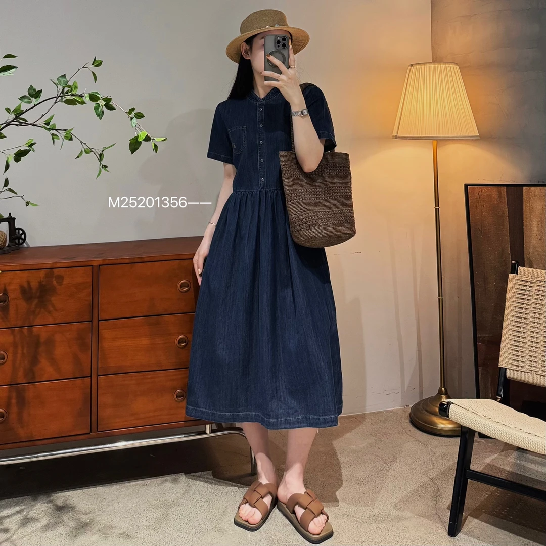 韩系时尚百搭休闲舒适简约蓝色小立领牛仔连衣裙-M25201356