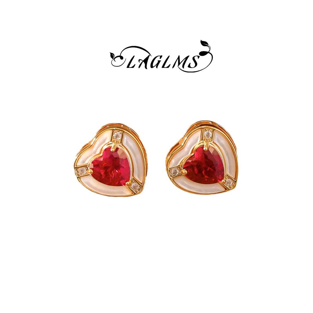 925银仿珍珠耳饰 贝壳电镀真金耳钉女百搭红宝爱心耳饰