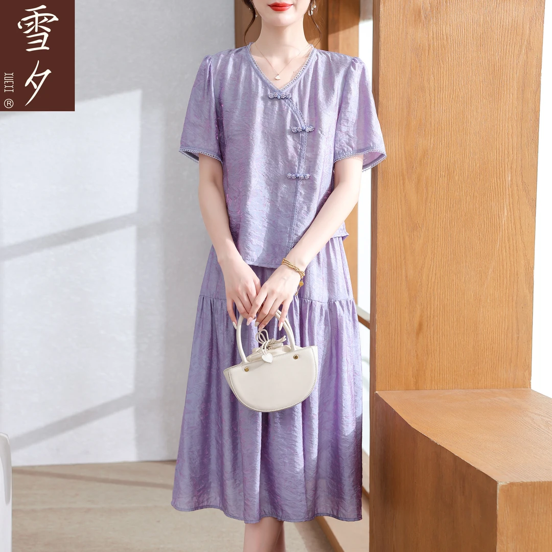 雪夕妈妈夏装套裙2025新款中老年女装夏短袖T恤上衣半身裙两件套