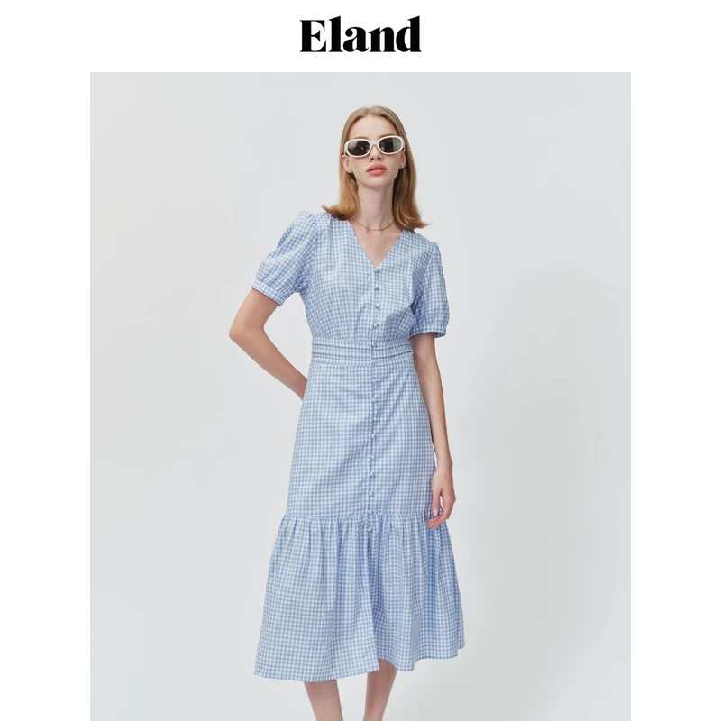 【女装优选KY】Eland衣恋连衣裙女V领收腰A字气质长裙EEOWE37Q97