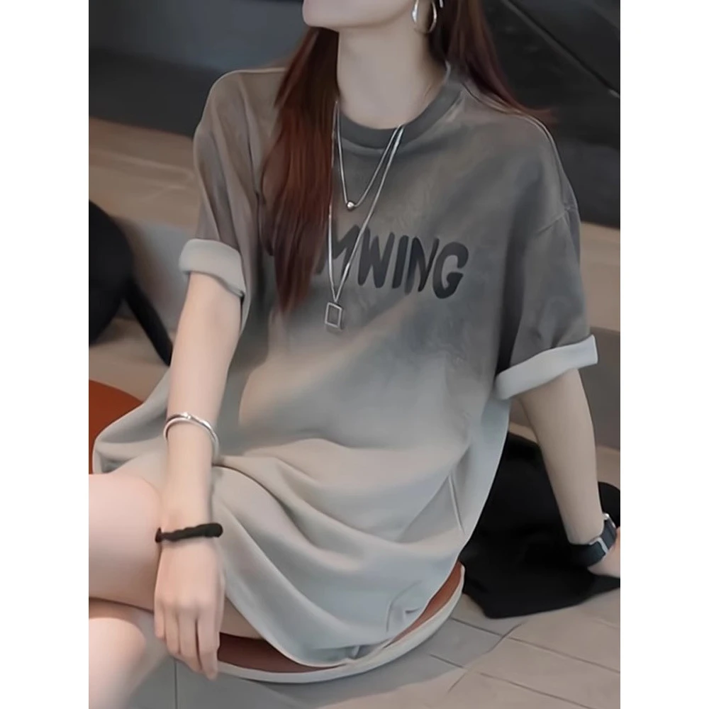 韩版字母扎染渐变色短袖T恤女2025夏季欧货显瘦气质宽松百搭体恤