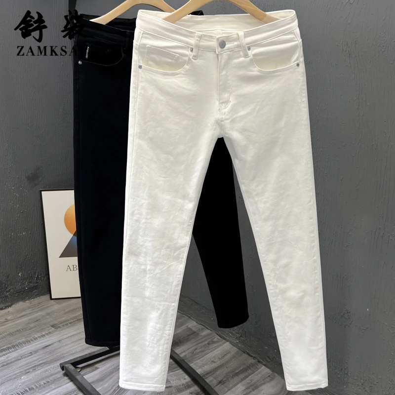2025秋季直筒牛仔裤男修身小脚百搭薄款休闲九分裤男士白色长裤子