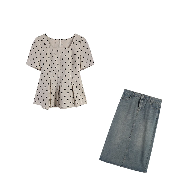 气质波点上衣+蓝色减龄半裙两件套套装ZL108015+ZL107608休闲洋气