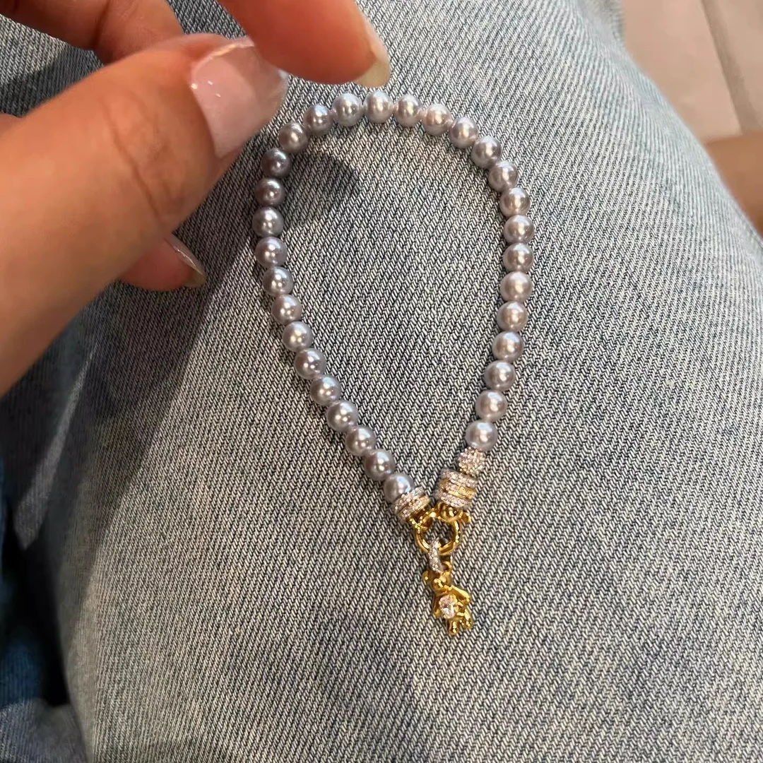 铜合金手链 「可爱小熊」可爱小熊灰手链跑环轻奢高级精致叠戴手饰