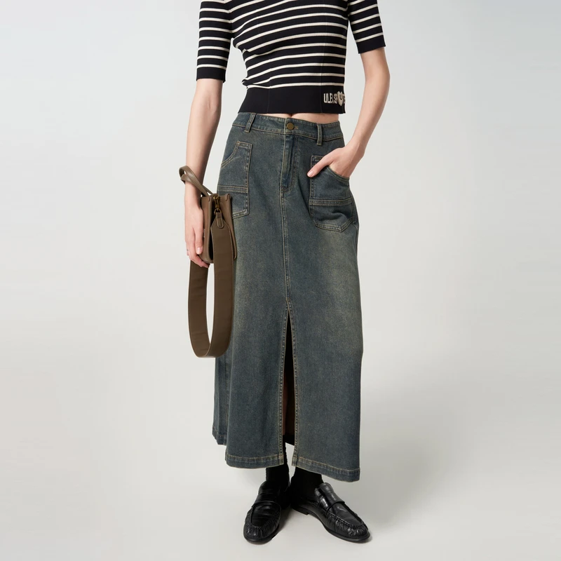 U/TI/尤缇牛仔蓝废土风水洗牛仔半身裙女装百搭A字裙