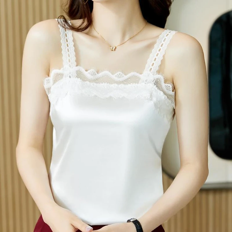 吊带背心蕾丝拼接吊带锁骨新款女无袖打底背心修身外穿美背上衣潮