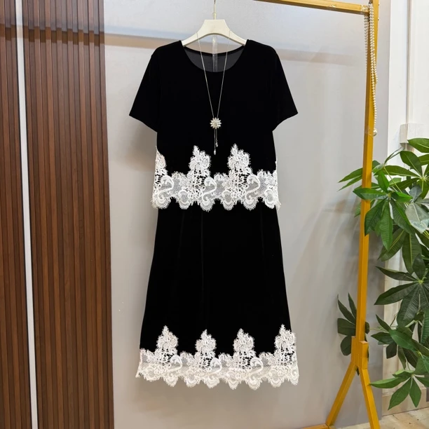 新款大码女装时尚洋气蕾丝花边上衣半身裙套装