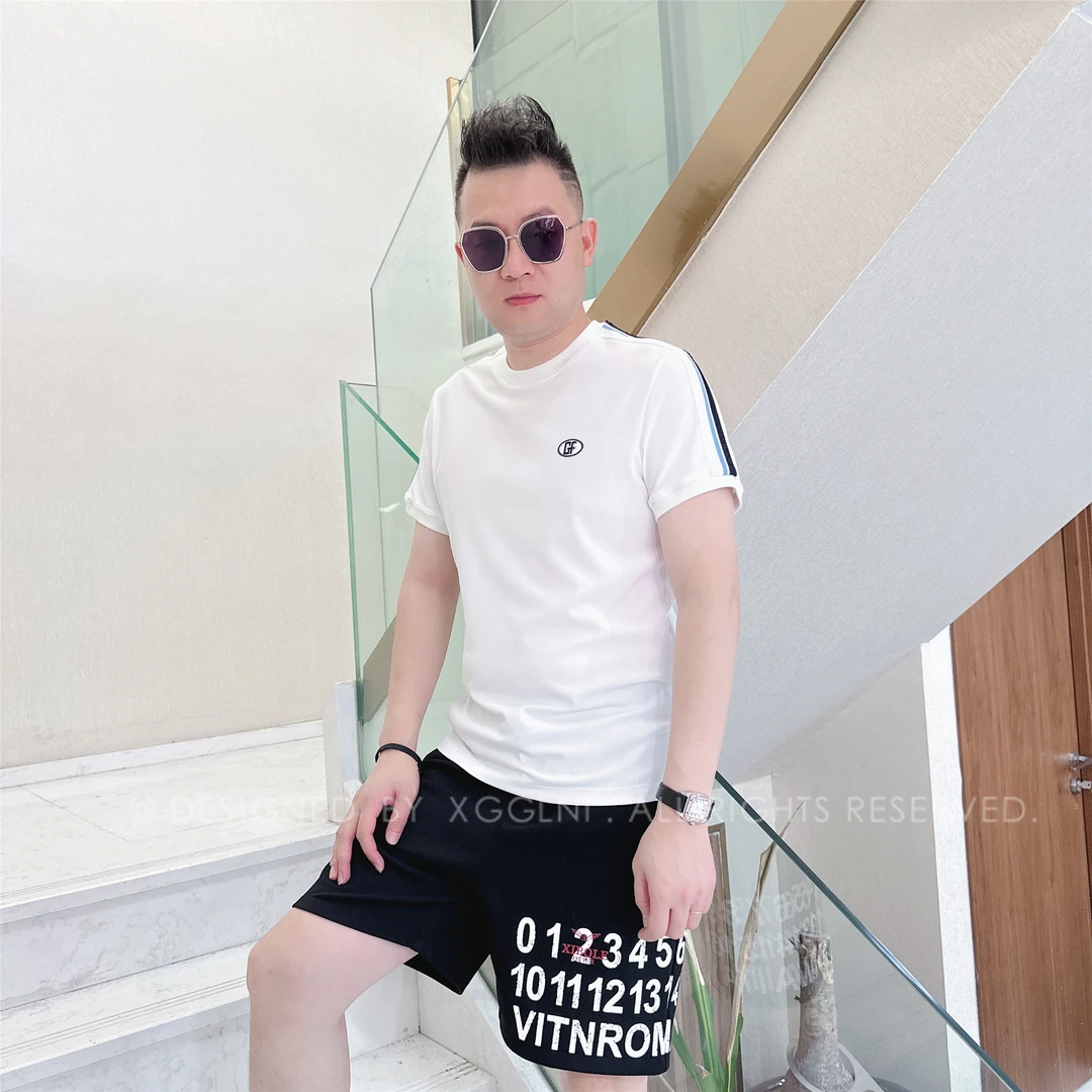 夏季款GF白+浅蓝拼深蓝织带男士品质高端奢品洋气上档次潮短袖T恤