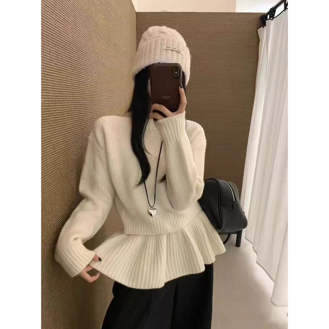 秋冬韩版显瘦圆领针织衫女百搭慵懒风软糯裙帘设计可拆卸毛衣上衣