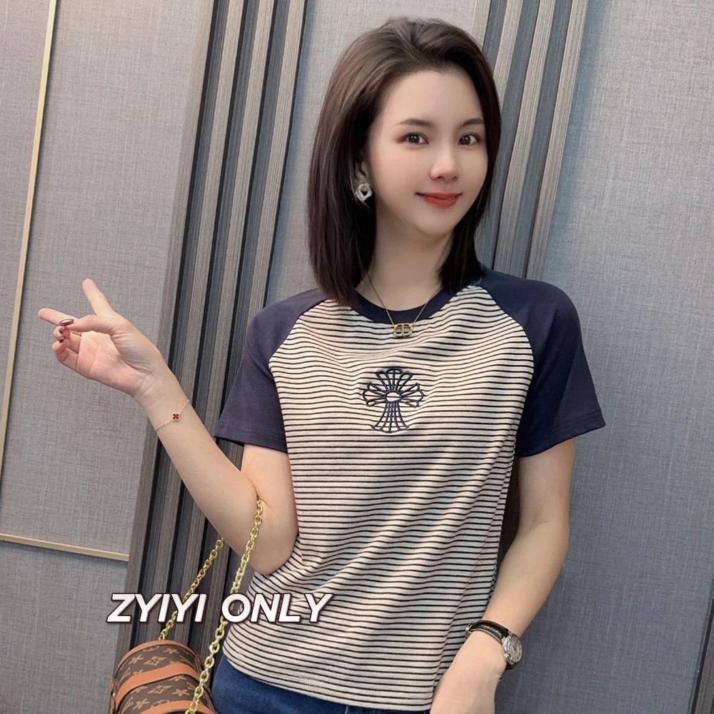 【糖果十字】2025春夏新款短袖T恤修身显瘦条纹休闲百搭上衣女