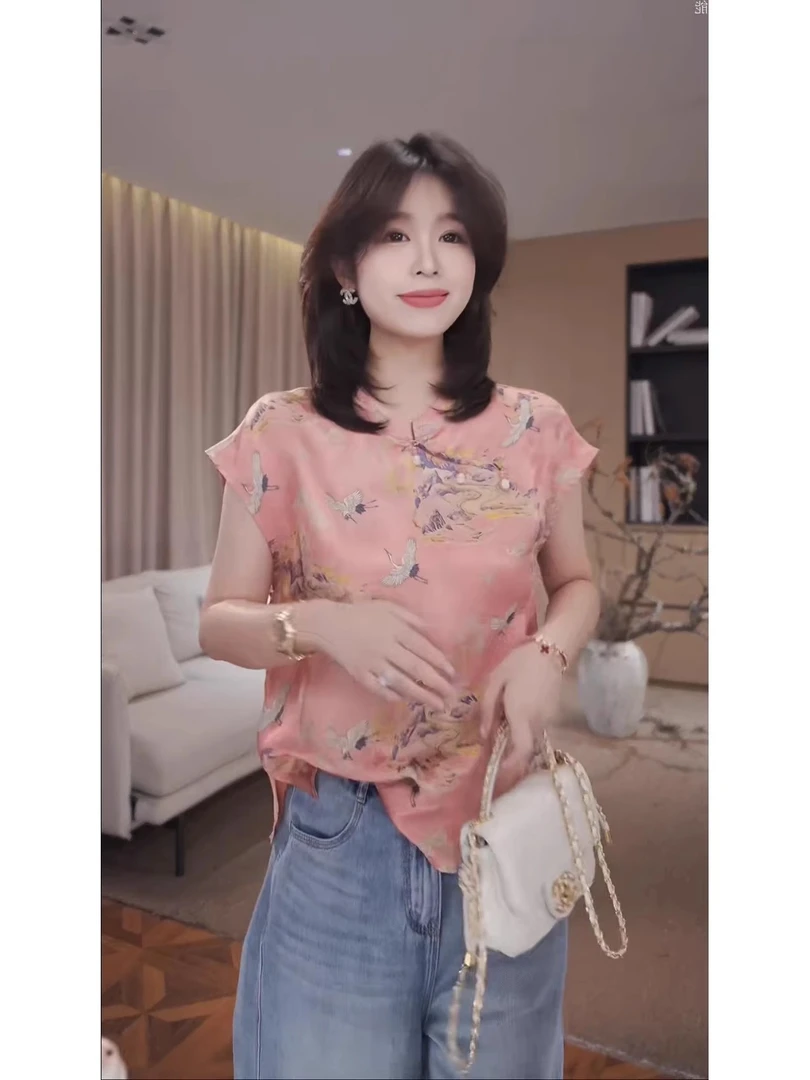 广州琴姐【踏云行】100人丝宽松显瘦仙鹤提花新中式立领盘扣上衣793