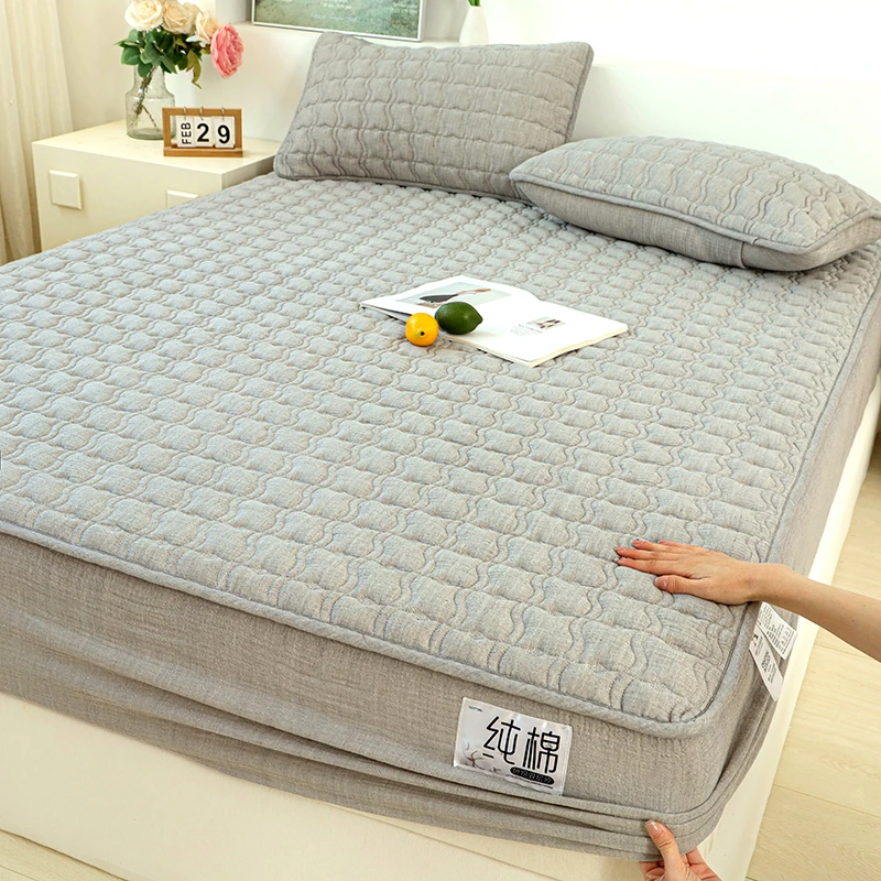 2025新款A类抗高支高密纯棉色织双层纱纯棉双层纱床笠三件套床垫