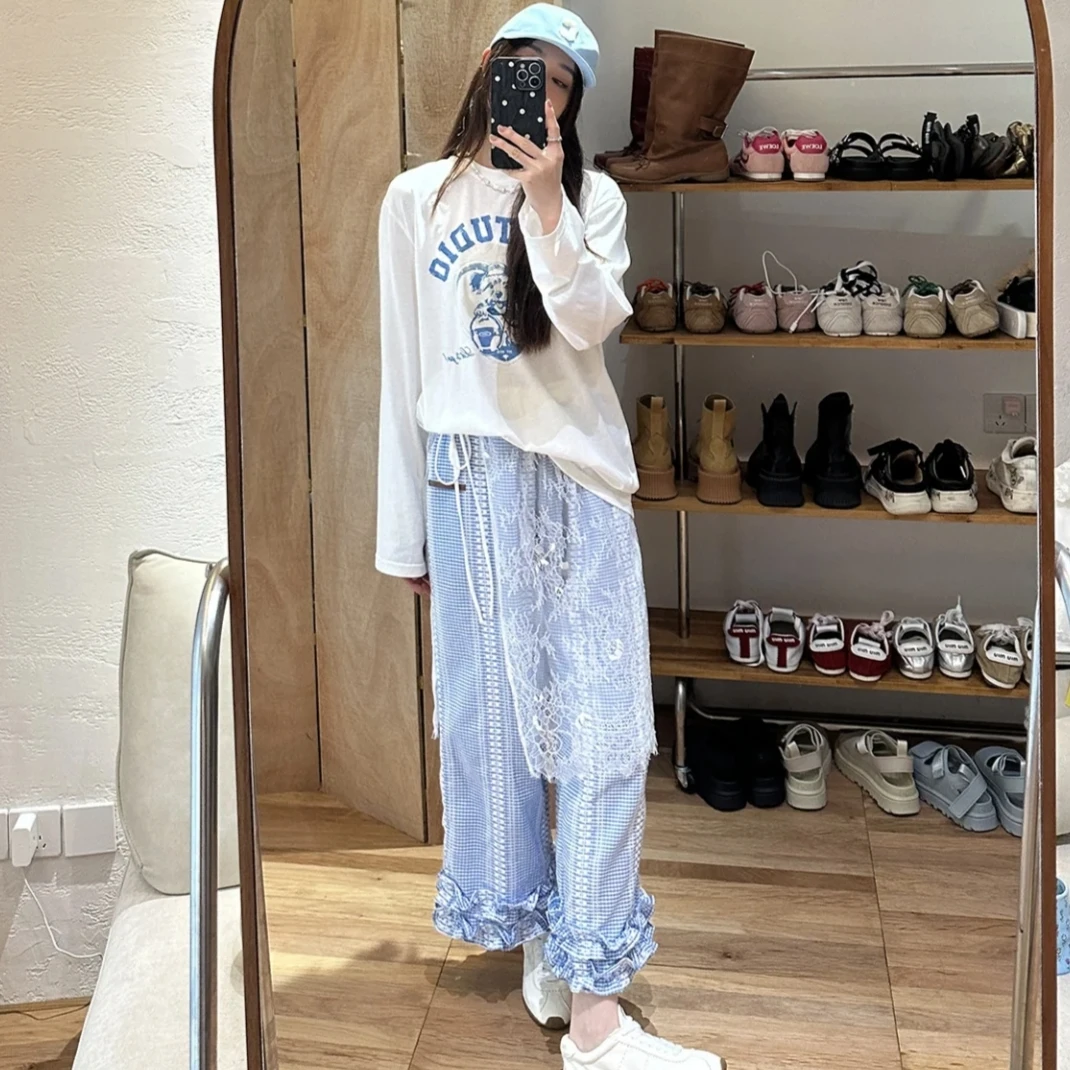 亲妈现货~2025新款小众樱桃刺绣木耳边休闲裤女韩系宽松百搭长裤