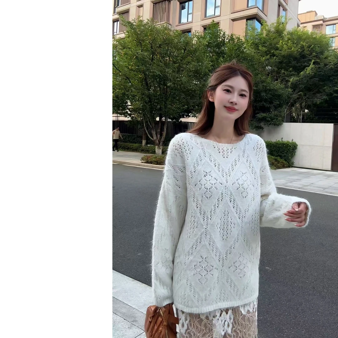 墨迹姐高个子微胖“素色镂空”舒适镂空圆领提花初秋套头毛衣女