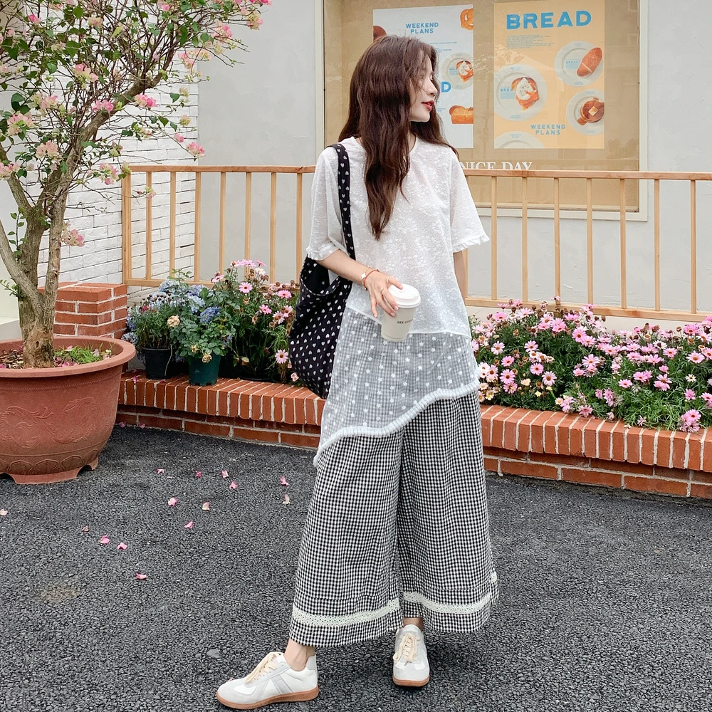 韩系不规则蕾丝镂空罩衫叠穿两件套2025夏新款绝美格子阔腿裤套装