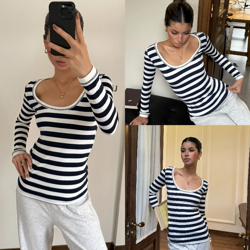 Audwyn大U领条纹长袖t恤女复古早秋新款收腰显瘦弹力正肩辣妹上衣