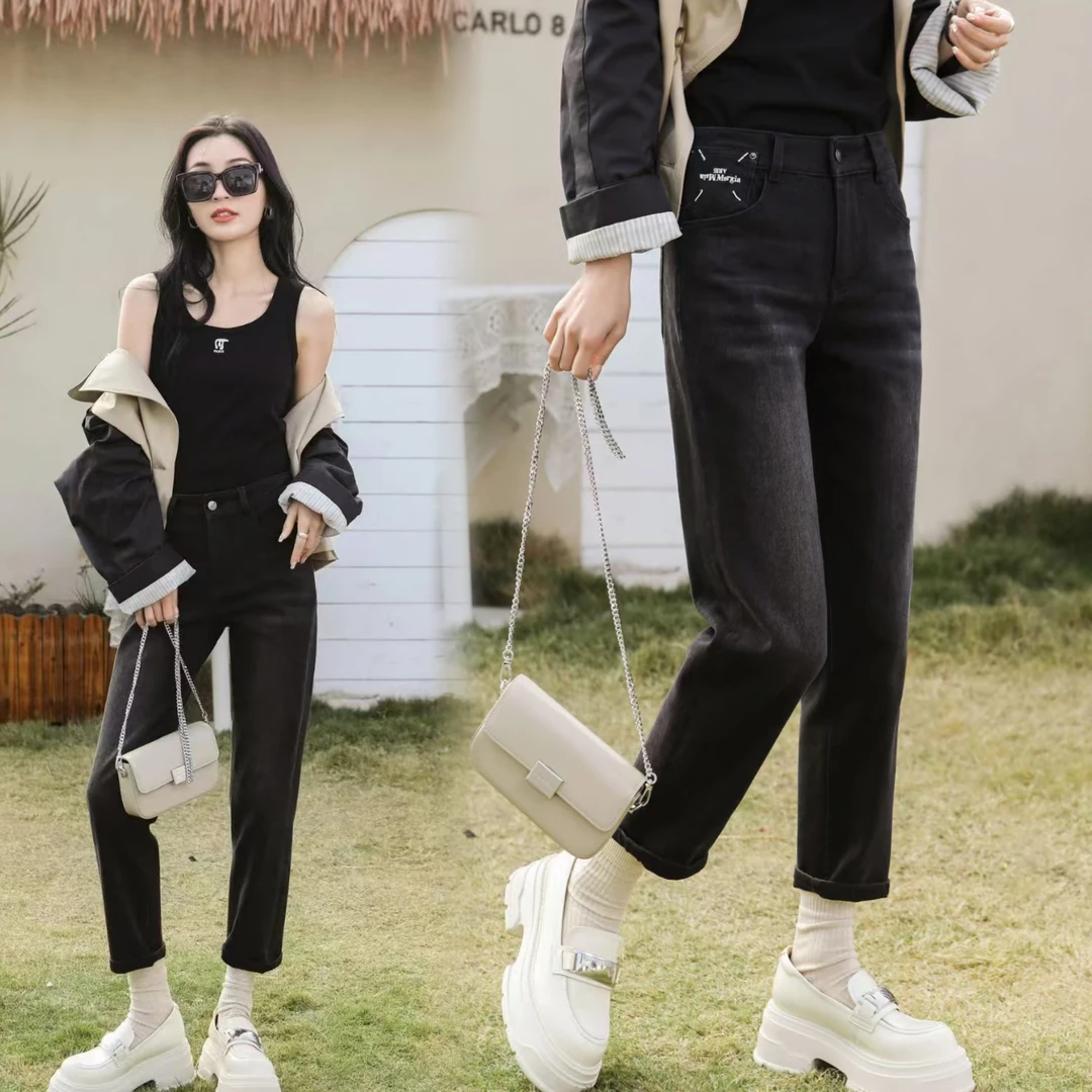 欧货黑灰色高端哈伦裤2025春秋流行的新款显瘦百搭直筒牛仔老爹裤