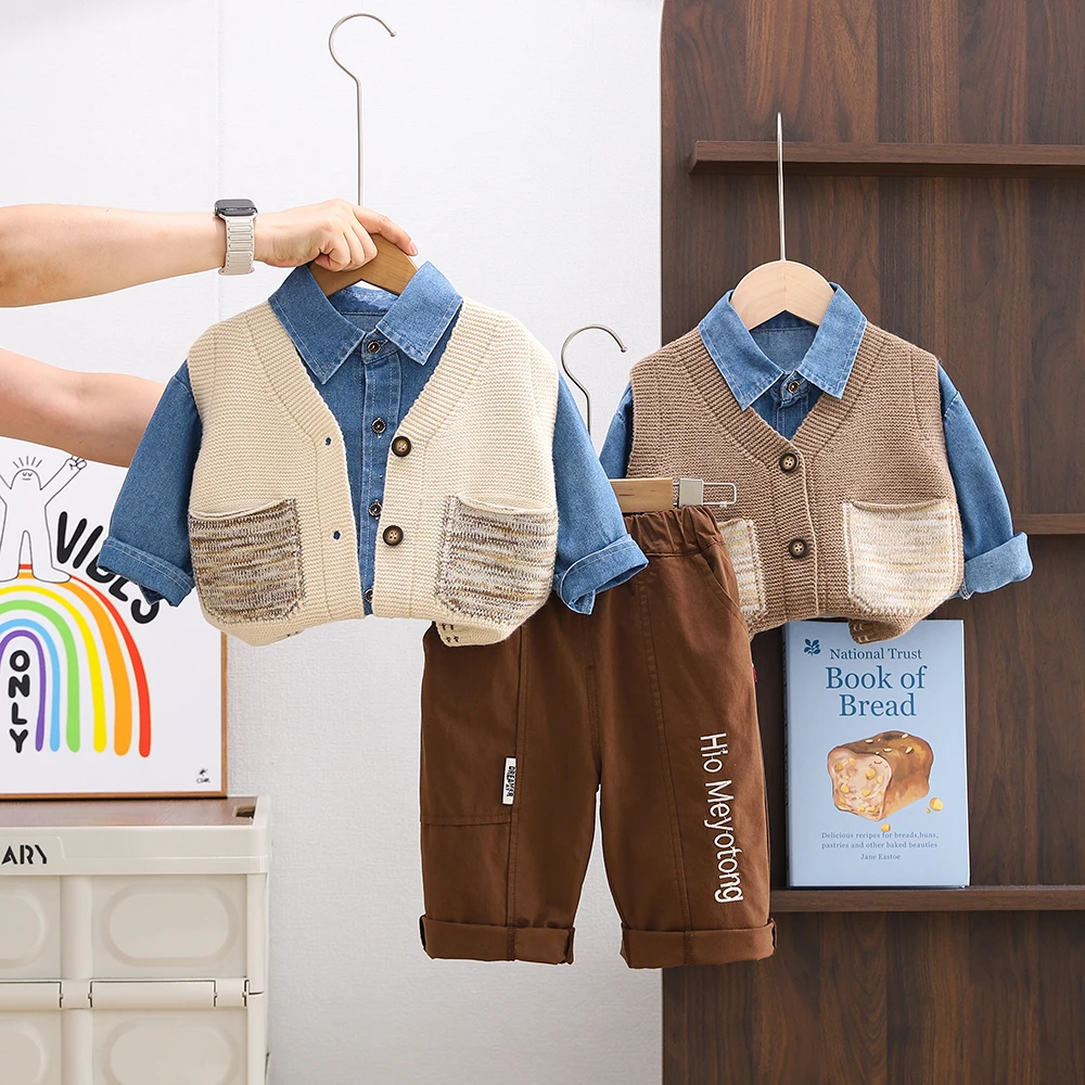 男童宝宝秋装马甲三件套2025新款儿童洋气时髦春秋套装时尚1一5岁