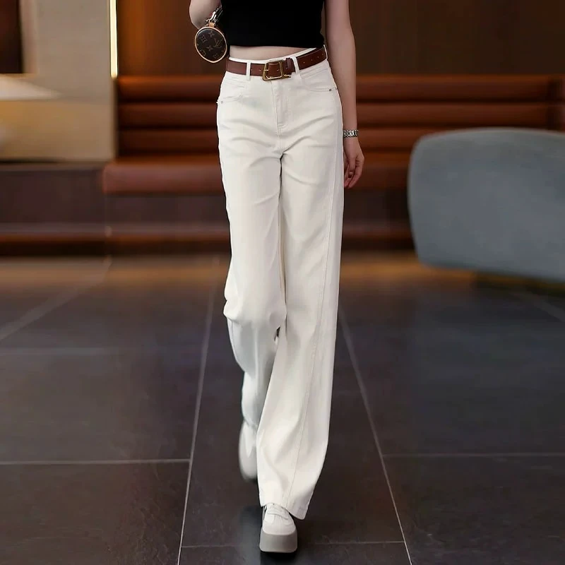 米白色直筒牛仔裤女春秋2025新款春季女裤高腰休闲裤子窄版阔腿裤