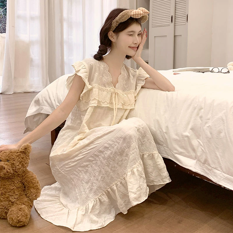 【工厂直销】睡衣女夏季薄款云朵棉小飞袖睡裙甜美公主风家居服