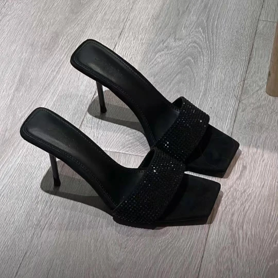 2025年夏季新款方头黑色水钻高跟鞋外穿细跟拖鞋气质性感凉拖女鞋