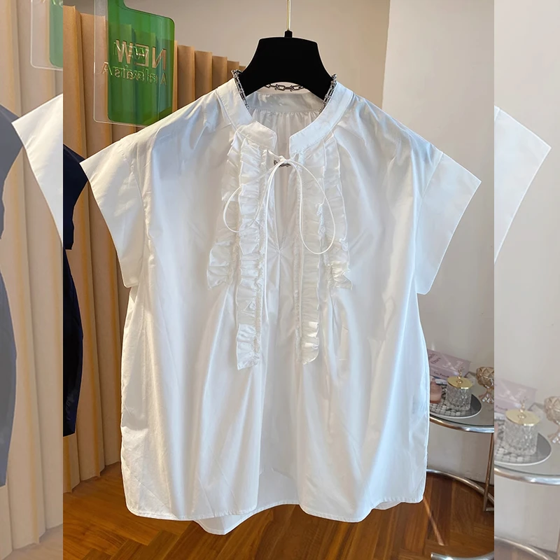 夏季新款女大码衬衫褶皱木耳边立体花边装饰飞飞袖显瘦宽松上衣潮