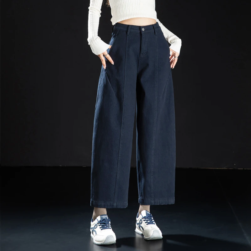 九分加绒复古弯刀牛仔裤女2025秋冬季新款潮牌女装韩系加厚气球裤