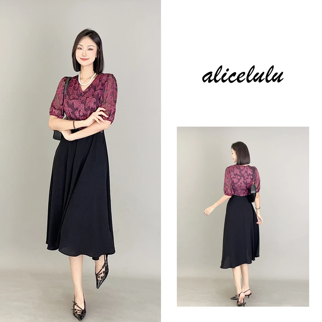 [alicelulu]“花姿舒展”连衣裙 优雅撞色 腰间钉钻 S2138799J