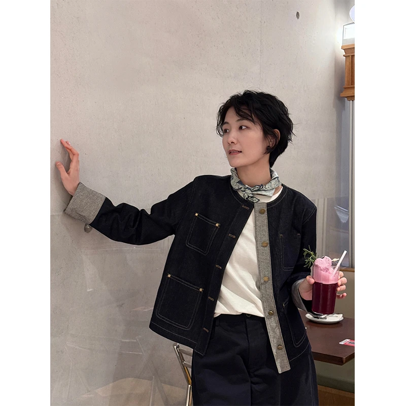 LANGQING 藏青色复古牛仔简约显瘦长袖纯棉气质外套43916#