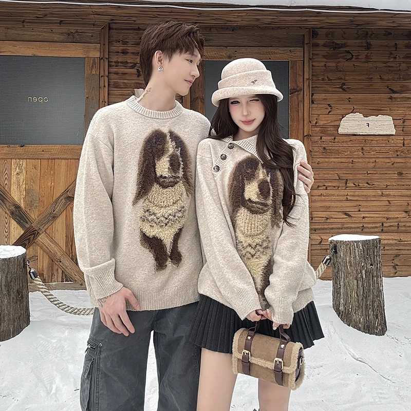 情侣装秋冬ins慵懒风美式休闲小狗毛衣设计感小众潮流外穿针织衫