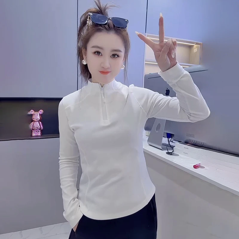 白色时尚百搭半拉链打底衫女2025新款休闲洋气内搭长袖t恤上衣潮
