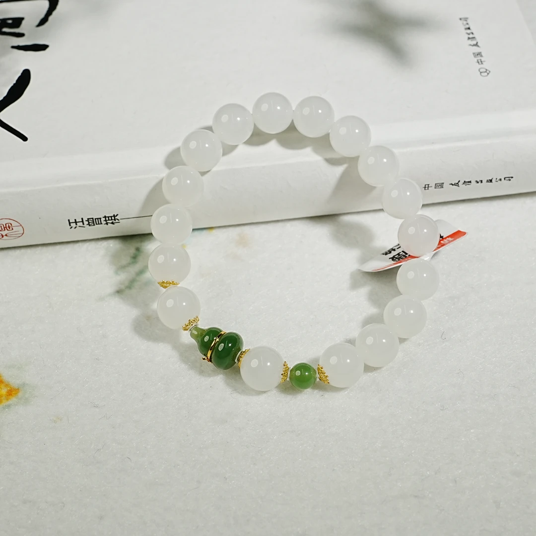 【睿泽&小池专属】18k和田玉白玉搭碧玉葫芦手串 9mm KS0080090