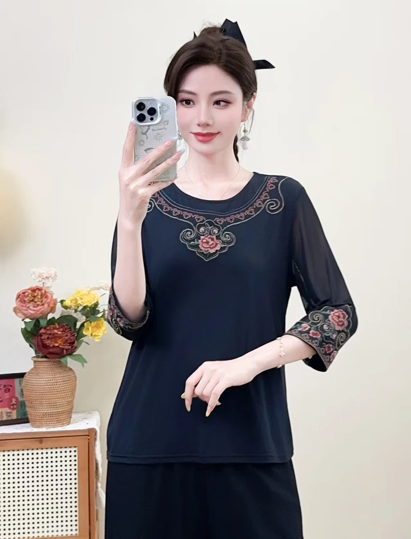 引卷 牡丹花唐装复古民族风网纱七分袖打底衫