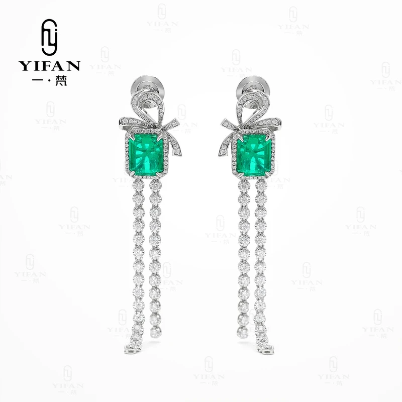 925银合成锆石耳饰 3107-绿长方形蝴蝶结气泡耳环女长款