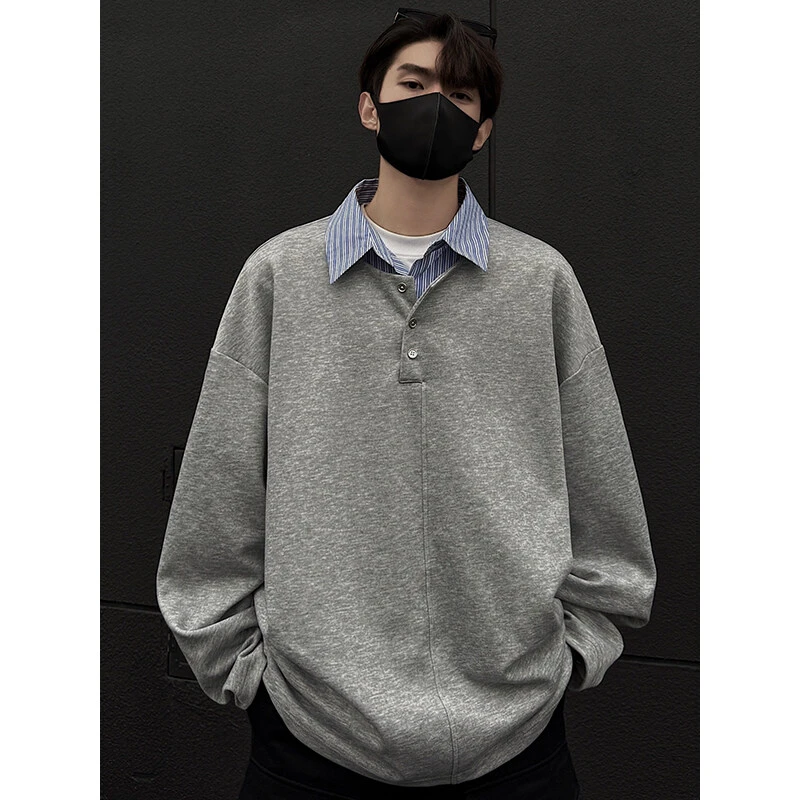 美式复古假两件衬衫领重磅卫衣男款2025春季新款小众设计感长袖t