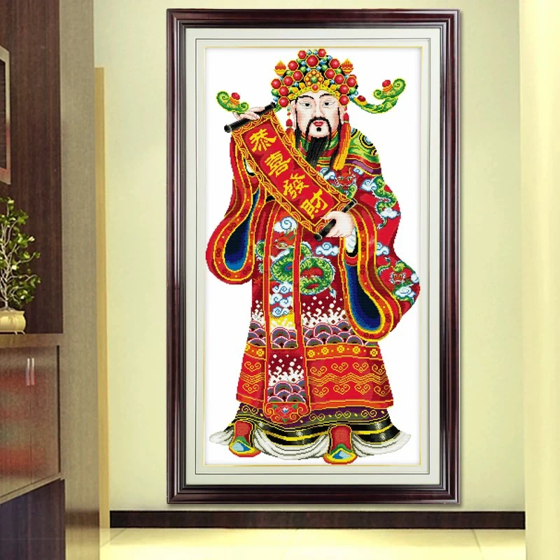 1.1米纯手工绣好的十字绣成品财神装饰画