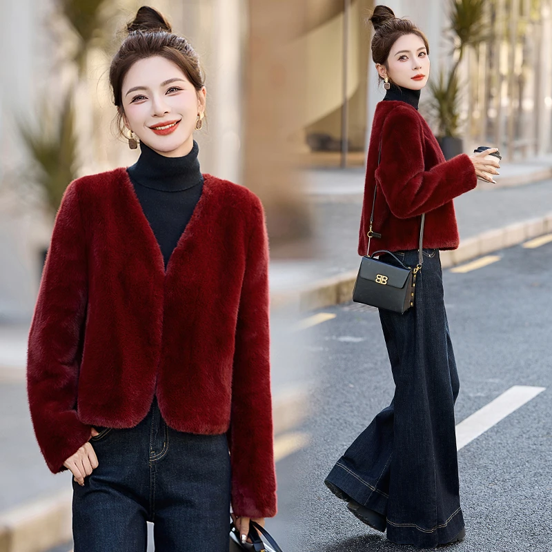 小香风皮毛一体开衫外套女2025秋冬新款小个子慵懒风短款保暖上衣