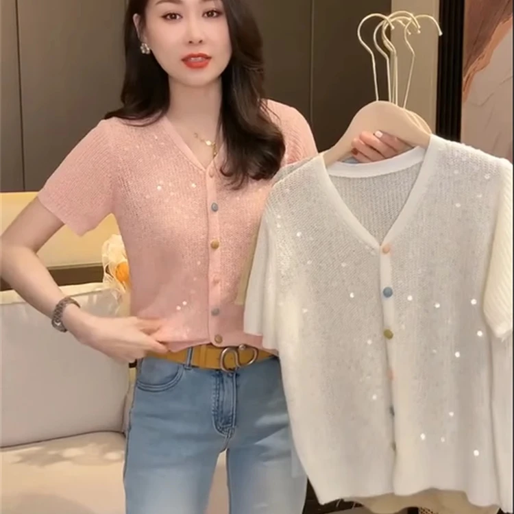 2025小香风气质V领针织开衫短袖夏季设计感小众重工亮片短款上衣