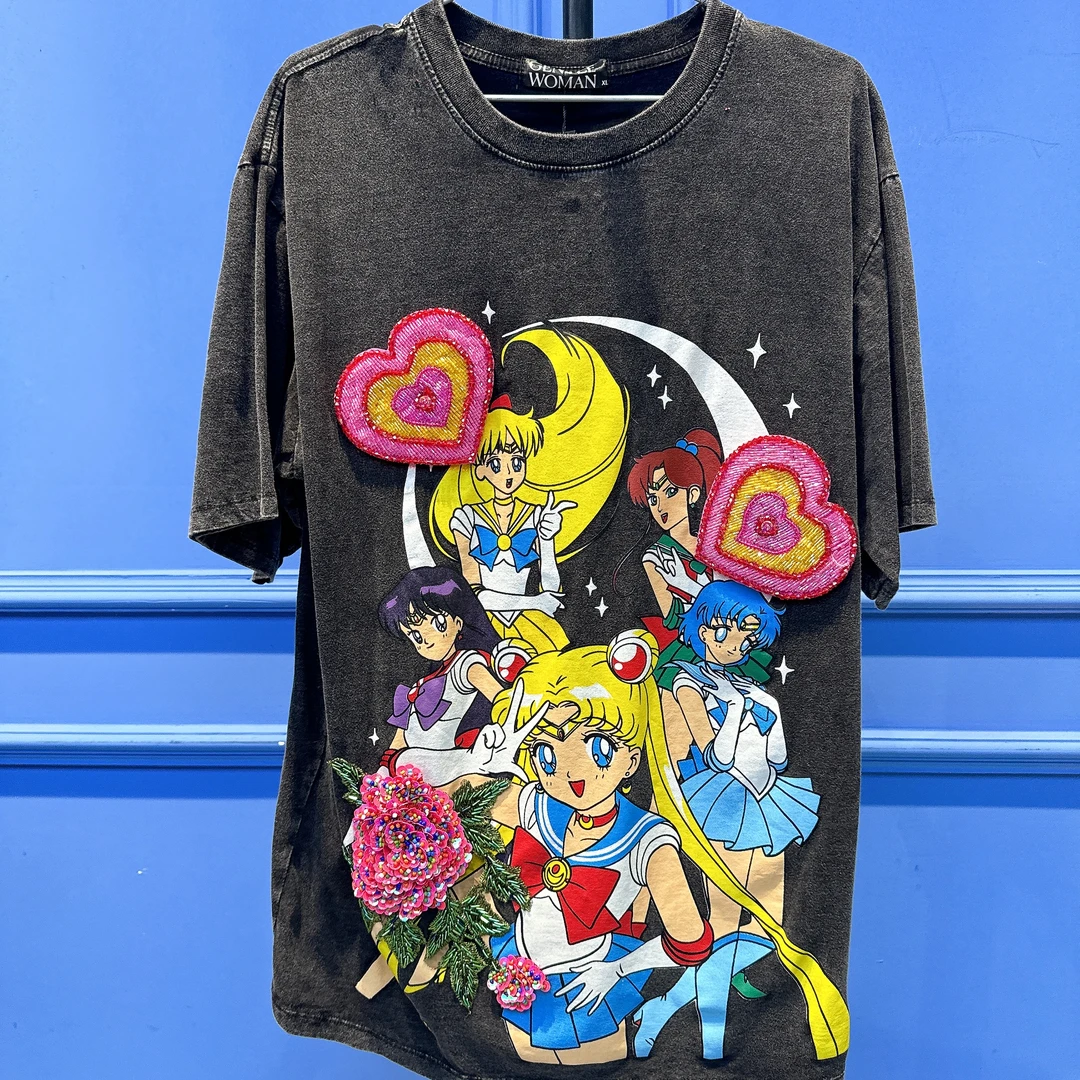 RR1850锐宝潮牌街头复古美少女战士手绣爱心亮片宽松短袖动漫T恤