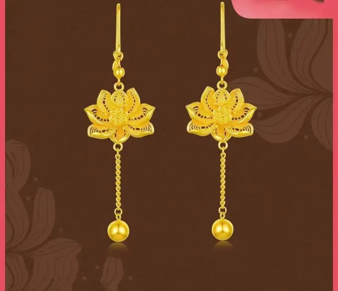 合金耳饰 古法花丝莲花港金耳环A30