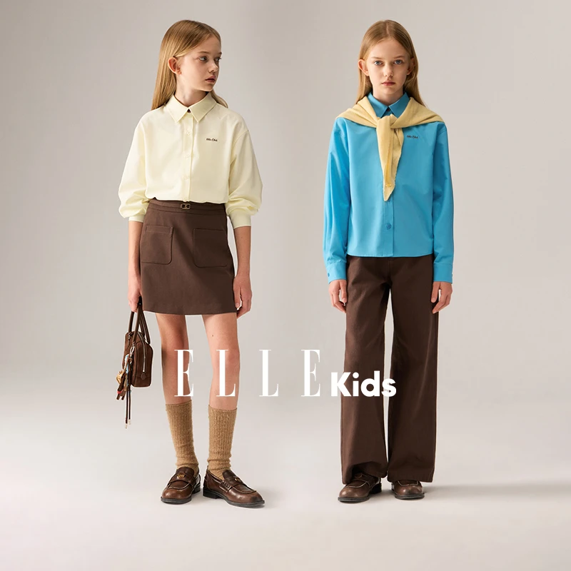 ELLE KIDS 童装百搭法式撞色字母绣花衬衫经典清新休闲时尚纯色Q3