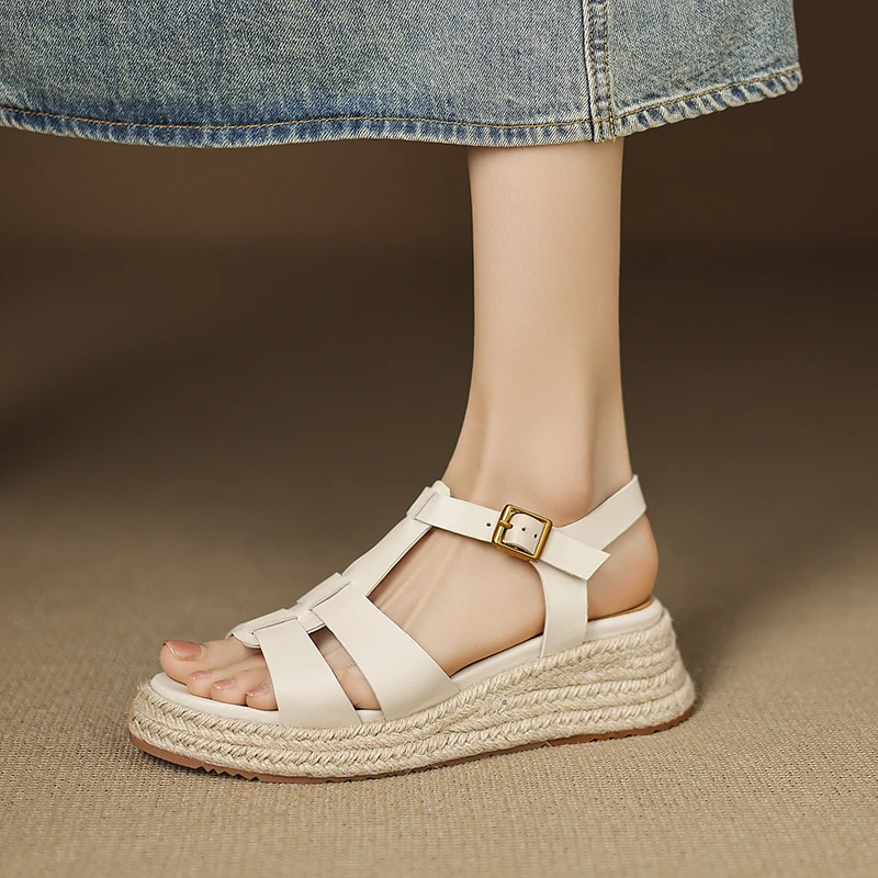 菓苒5cm中跟厚底文艺草编复古丁字扣凉鞋女夏真皮气质舒适学院风