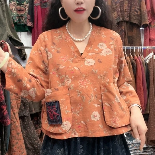 织绣招财猫麻上衣两面穿