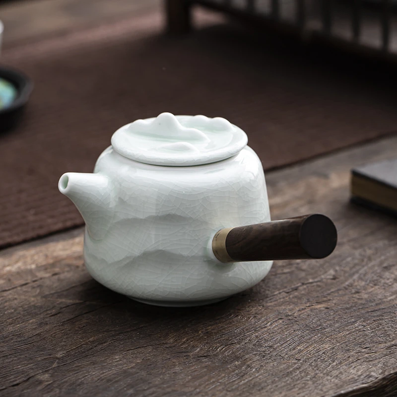 翠玉哥窑影青江山侧把壶实木手柄陶瓷功夫茶具家用防烫手泡茶壶